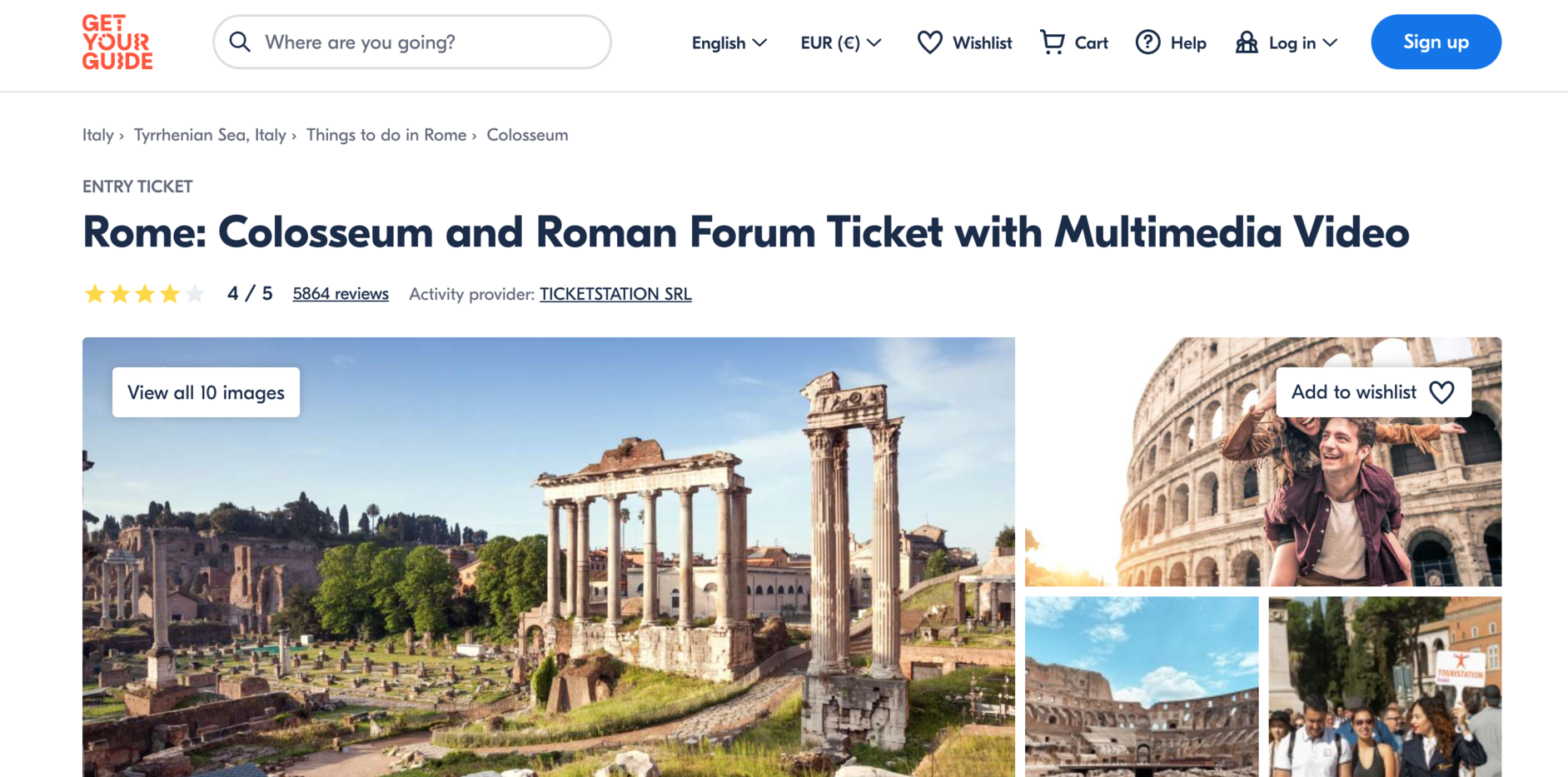 Site da Get Your Guide para comprar bilhetes para o Coliseu de Roma