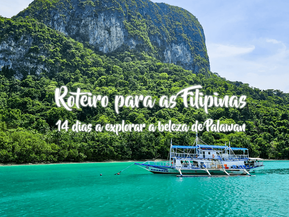 roteiro-para-as-filipinas Praia com um barco ao fundo, e indicações com um Roteiro para as Filipinas