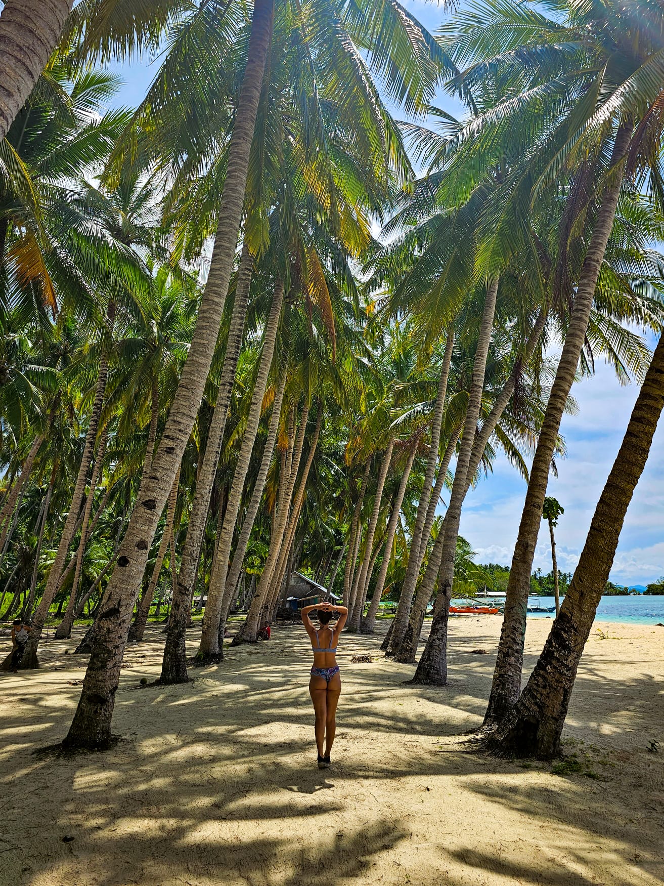 Rapariga de costas a caminhar por entre palmeiras numa praia das Filipinas